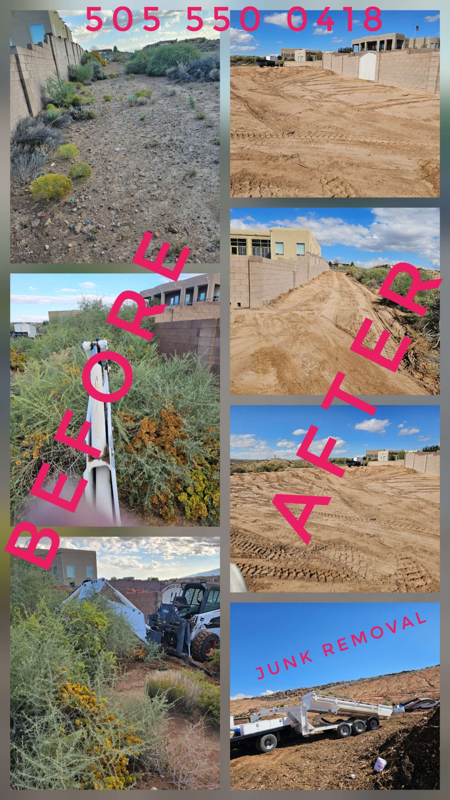 Bobcat and Backhoe Services in Albuquerque performing land clearing, grubbing, dirt grading, demolition, excavating, and junk removal in South Valley