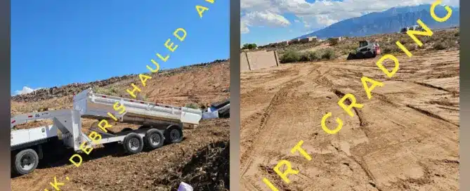 Collage of six M&M Concrete project photos in Albuquerque showing excavation, junk and debris removal, junk hauling, erosion control, concrete demolition, and dirt grading.